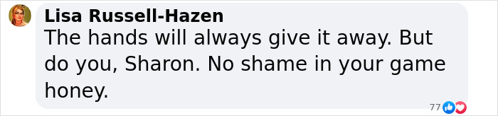 Comment about Sharon Osbourne and using "extreme filter" in a family photo, mentioning hands giving it away. Comment about Sharon Osbourne and using "extreme filter" in a family photo, mentioning hands giving it away.