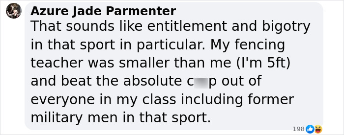 Comment about a female athlete's coach, addressing sports and bigotry, with reactions beneath. Comment about a female athlete's coach, addressing sports and bigotry, with reactions beneath.