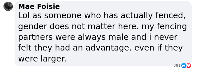 Comment about gender in fencing, mentioning no advantage for male partners, related to female athlete disqualification issue. Comment about gender in fencing, mentioning no advantage for male partners, related to female athlete disqualification issue.