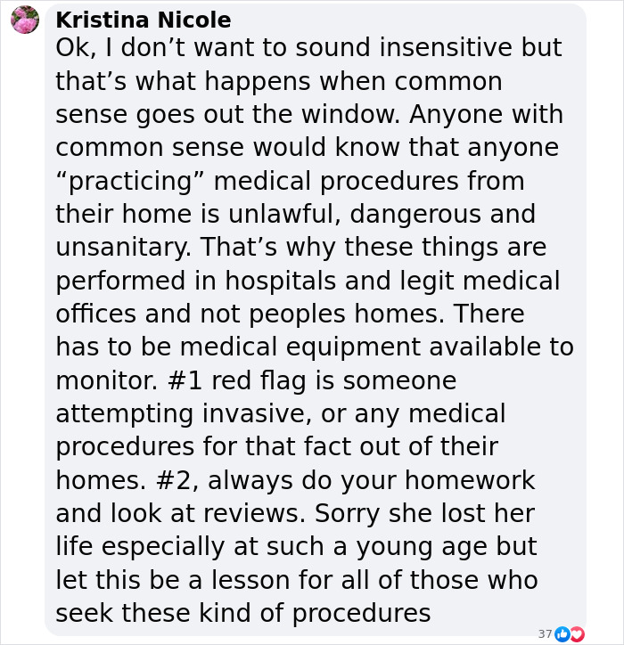 Facebook comment discussing dangers of home surgeries, warning about medical procedures performed by unlicensed individuals. Facebook comment discussing dangers of home surgeries, warning about medical procedures performed by unlicensed individuals.