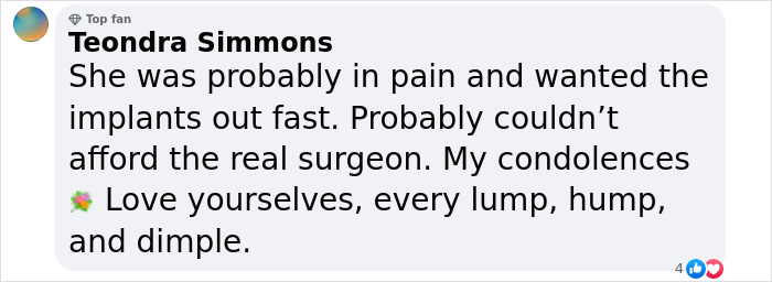 Comment on losing life after home BBL implant removal, expressing condolences and self-love urges. Comment on losing life after home BBL implant removal, expressing condolences and self-love urges.