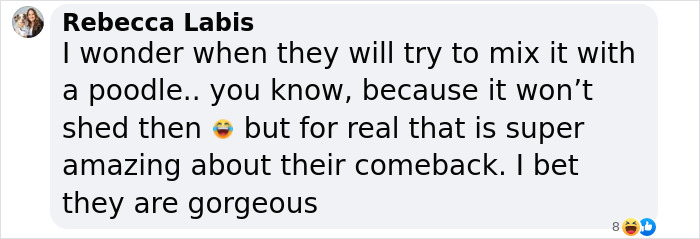 Comment on dire wolves' comeback, joking about mixing them with poodles for non-shedding. Comment on dire wolves' comeback, joking about mixing them with poodles for non-shedding.