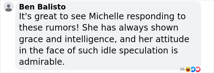 Comment applauding Michelle Obama for addressing divorce rumors with grace and intelligence. Comment applauding Michelle Obama for addressing divorce rumors with grace and intelligence.