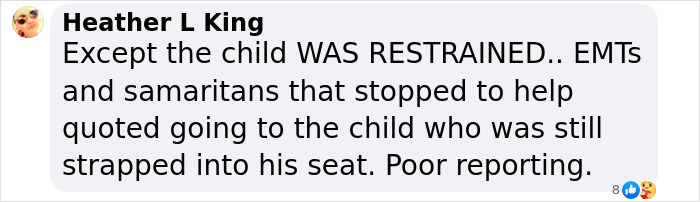 Comment discussing a TikTok star's accident, defending child's restraint use in the vehicle. Comment discussing a TikTok star's accident, defending child's restraint use in the vehicle.
