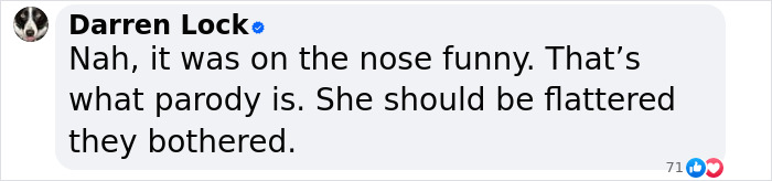 Comment by Darren Lock on SNL parody, mentioning it as "on the nose funny" and about parody nature. Comment by Darren Lock on SNL parody, mentioning it as "on the nose funny" and about parody nature.