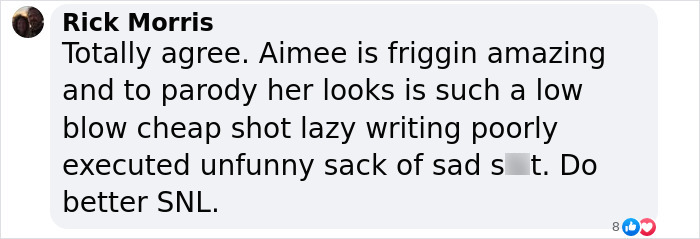 Comment criticizing SNL for mocking Aimee Lou Wood's teeth, calling it unfunny and lazy writing. Comment criticizing SNL for mocking Aimee Lou Wood's teeth, calling it unfunny and lazy writing.