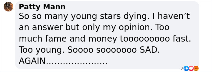 Comment on young stars dying, expressing sadness and concern. Comment on young stars dying, expressing sadness and concern.