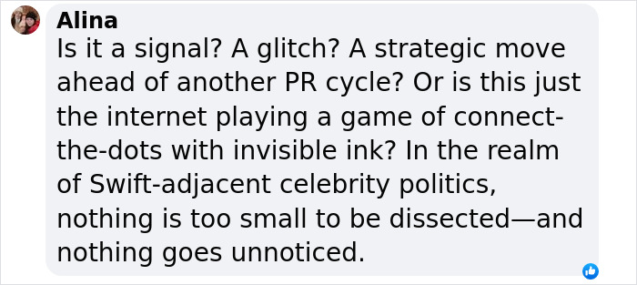 Text discussing Swift-adjacent celebrity dynamics and online speculation. Text discussing Swift-adjacent celebrity dynamics and online speculation.