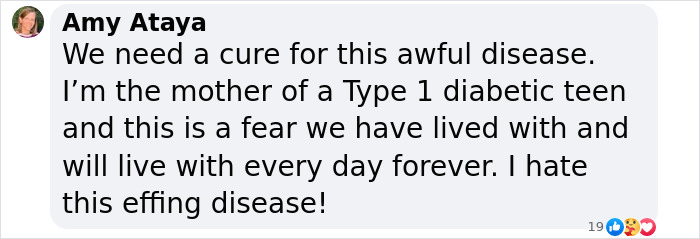 Comment expressing worry about diabetes and the need for a cure. Comment expressing worry about diabetes and the need for a cure.