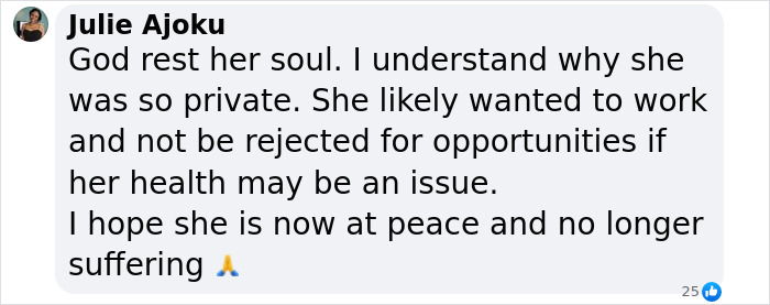 Comment expressing condolences about Michelle Trachtenberg's passing due to diabetes. Comment expressing condolences about Michelle Trachtenberg's passing due to diabetes.