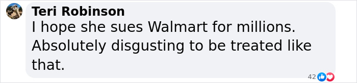 Comment reacting to tall woman's firing, mentioning Walmart and unfair treatment. Comment reacting to tall woman's firing, mentioning Walmart and unfair treatment.