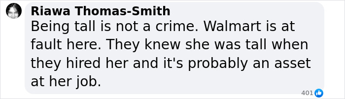 Comment on tall cisgender woman's job firing due to mistaken identity concerns. Comment on tall cisgender woman's job firing due to mistaken identity concerns.