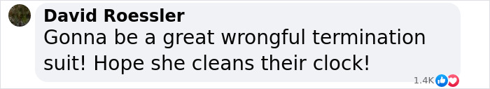 Comment on wrongful termination of a tall cisgender woman, advocating for a suit, with 1.4K likes and reactions. Comment on wrongful termination of a tall cisgender woman, advocating for a suit, with 1.4K likes and reactions.