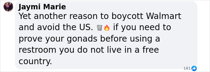 Comment criticizing Walmart for alleged discrimination against tall cisgender woman, suggesting boycott. Comment criticizing Walmart for alleged discrimination against tall cisgender woman, suggesting boycott.