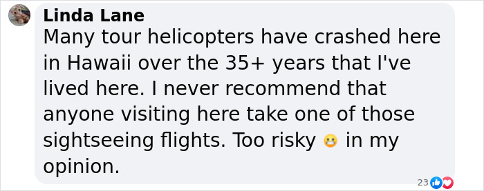 Linda Lane comments on helicopter crashes and risks, sharing her views on sightseeing flights in Hawaii. Linda Lane comments on helicopter crashes and risks, sharing her views on sightseeing flights in Hawaii.