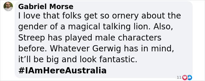 Screenshot of a tweet discussing gender swap rumors on 'Narnia' reboot with a hashtag #IAmHereAustralia. Screenshot of a tweet discussing gender swap rumors on 'Narnia' reboot with a hashtag #IAmHereAustralia.