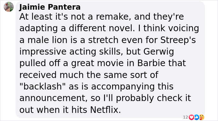 Comment discussing gender swap rumors in the 'Narnia' reboot, mentioning casting and adaptation choices. Comment discussing gender swap rumors in the 'Narnia' reboot, mentioning casting and adaptation choices.