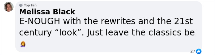 Melissa's comment expressing outrage over Narnia reboot gender swap rumors. Melissa's comment expressing outrage over Narnia reboot gender swap rumors.