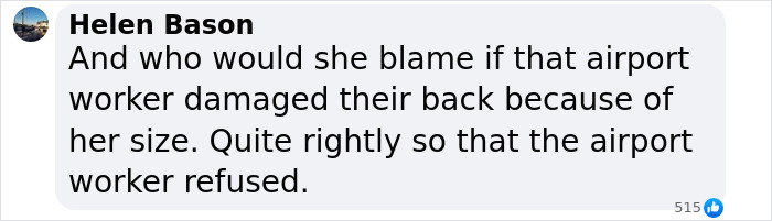 Comment discussing airport worker's refusal to push wheelchair of plus-sized passenger. Comment discussing airport worker's refusal to push wheelchair of plus-sized passenger.