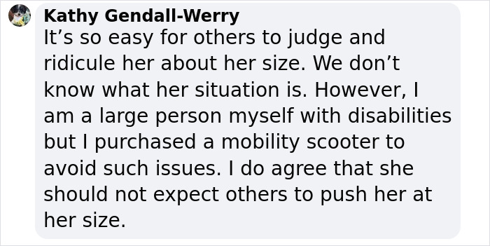 Comment discussing plus-sized passengers and mobility challenges at an airport. Comment discussing plus-sized passengers and mobility challenges at an airport.
