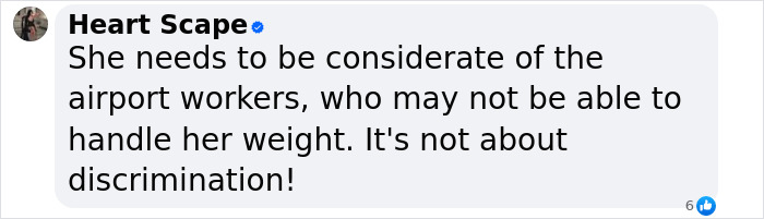 Comment discusses plus-sized passenger and challenges faced by airport workers. Comment discusses plus-sized passenger and challenges faced by airport workers.