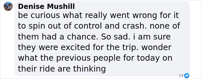 Text message from Denise Mushill discussing the NYC helicopter crash details and expressing sadness. Text message from Denise Mushill discussing the NYC helicopter crash details and expressing sadness.