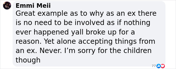 Text comment on relationships expressing regret for children affected. Text comment on relationships expressing regret for children affected.