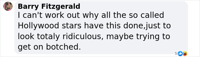 Comment criticizing Hollywood stars' transformations, discussing appearances. Comment criticizing Hollywood stars' transformations, discussing appearances.