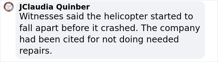 Text message discussing helicopter crash and lack of repairs as possible cause. Text message discussing helicopter crash and lack of repairs as possible cause.