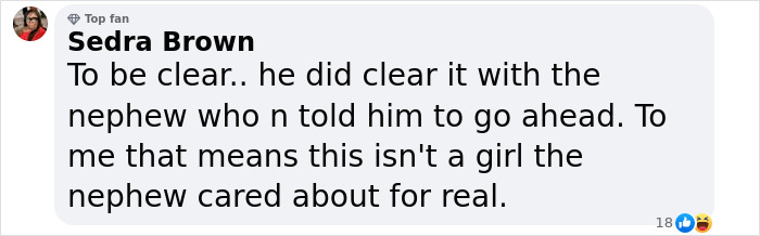 Comment discussing film legend's relationship with nephew's ex-girlfriend, saying nephew gave his approval. Comment discussing film legend's relationship with nephew's ex-girlfriend, saying nephew gave his approval.