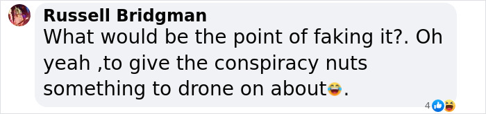 Text comment about conspiracy theories on Blue Origin, questioning the point of faking it. Text comment about conspiracy theories on Blue Origin, questioning the point of faking it.