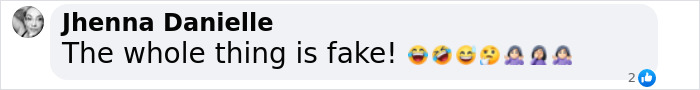 Comment by Jhenna Danielle saying 'The whole thing is fake!' with laughing and disbelief emojis. Comment by Jhenna Danielle saying 'The whole thing is fake!' with laughing and disbelief emojis.