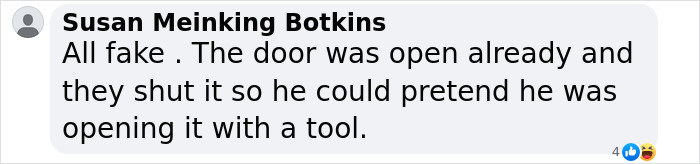 Screenshot of a comment about a Blue Origin capsule, claiming deception with a "fake" hand opening the door. Screenshot of a comment about a Blue Origin capsule, claiming deception with a "fake" hand opening the door.