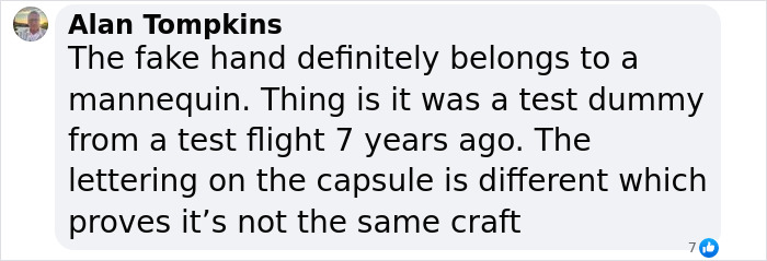 Alan Tompkins comments on fake hand conspiracy in Blue Origin capsule, highlighting test dummy from 7 years ago. Alan Tompkins comments on fake hand conspiracy in Blue Origin capsule, highlighting test dummy from 7 years ago.