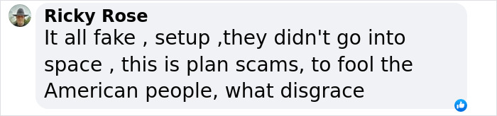Conspiracy theorist comment calls Blue Origin capsule a fake setup and a scam. Conspiracy theorist comment calls Blue Origin capsule a fake setup and a scam.