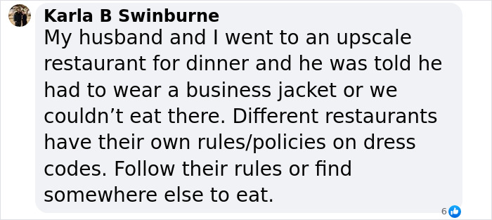 Comment on restaurant dress code policies and experiences. Comment on restaurant dress code policies and experiences.