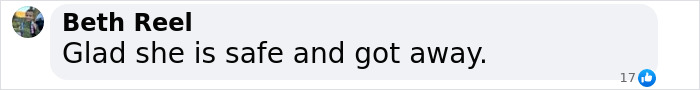 Comment from Beth Reel saying, "Glad she is safe and got away," referencing an alleged cliff incident. Comment from Beth Reel saying, "Glad she is safe and got away," referencing an alleged cliff incident.