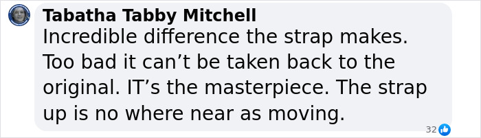 Text critique by Tabatha Tabby Mitchell discussing changes to a scandalous painting's strap. Text critique by Tabatha Tabby Mitchell discussing changes to a scandalous painting's strap.