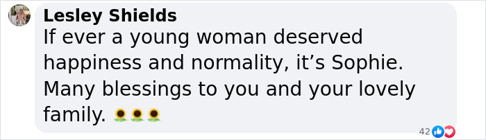 Comment praising miracle burns survivor Sophie, with blessings emojis. Comment praising miracle burns survivor Sophie, with blessings emojis.