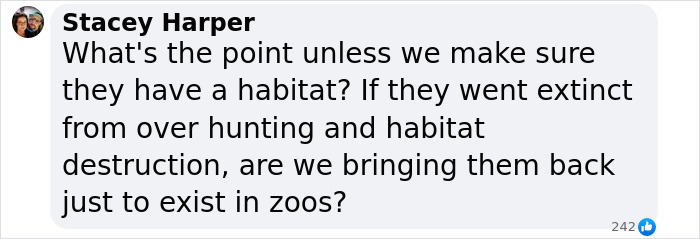 Comment discussing ethical concerns about resurrecting dire wolves and their habitats. Comment discussing ethical concerns about resurrecting dire wolves and their habitats.