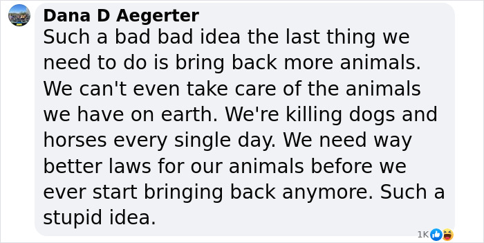Comment criticizing resurgence of dire wolves from extinction, highlighting ethical concerns. Comment criticizing resurgence of dire wolves from extinction, highlighting ethical concerns.