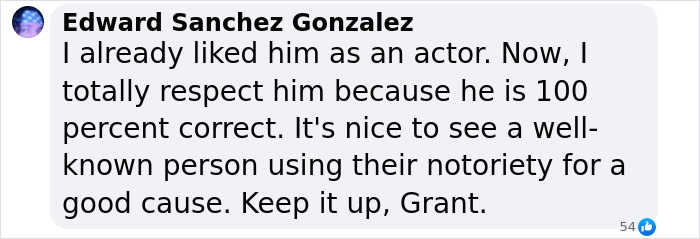 Comment praising Hugh Grant for standing against elite school rules. Comment praising Hugh Grant for standing against elite school rules.
