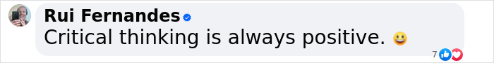 Comment from Rui Fernandes: "Critical thinking is always positive," with a smiley emoji. Comment from Rui Fernandes: "Critical thinking is always positive," with a smiley emoji.