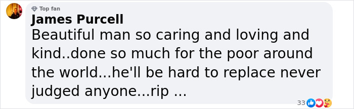 Comment expressing admiration and condolences for Pope Francis, highlighting his kindness and care for the poor. Comment expressing admiration and condolences for Pope Francis, highlighting his kindness and care for the poor.