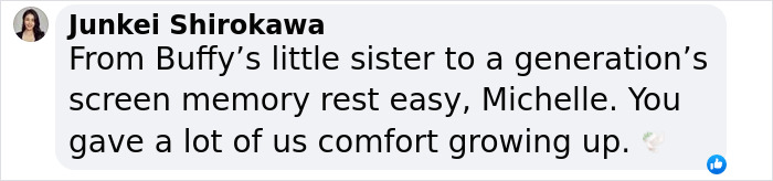 Comment mourning Michelle Trachtenberg, noting her role in "Buffy" and impact on a generation. Comment mourning Michelle Trachtenberg, noting her role in "Buffy" and impact on a generation.
