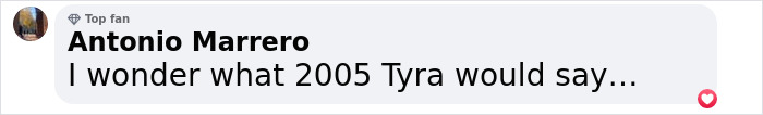 Comment on Tyra Banks' appearance at gala, referencing 2005. Comment on Tyra Banks' appearance at gala, referencing 2005.