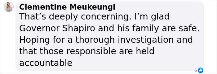 Comment expressing relief for Pennsylvania Governor's safety after mansion fire, calls for thorough investigation and accountability. Comment expressing relief for Pennsylvania Governor's safety after mansion fire, calls for thorough investigation and accountability.