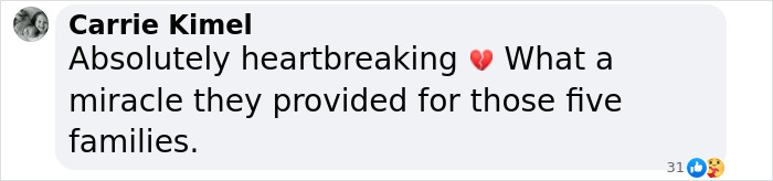 Comment expressing heartbreak and mentioning the miracle provided for families, related to parenting influencer. Comment expressing heartbreak and mentioning the miracle provided for families, related to parenting influencer.
