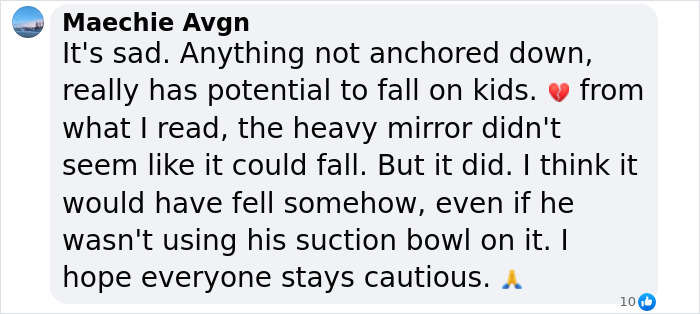 Comment on tragic mirror accident stressing need for caution by parenting influencer. Comment on tragic mirror accident stressing need for caution by parenting influencer.