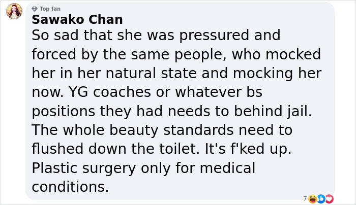 Fan comments on K-Pop star's transformation, criticizing beauty standards and plastic surgery rumors. Fan comments on K-Pop star's transformation, criticizing beauty standards and plastic surgery rumors.